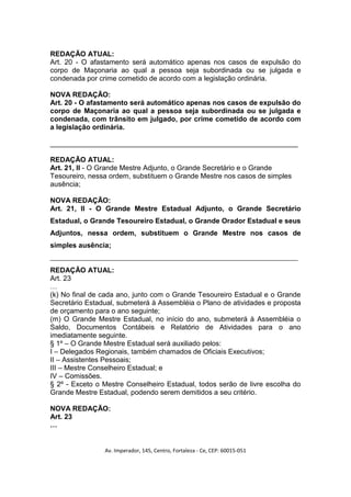 REDAÇÃO ATUAL:
Art. 20 - O afastamento será automático apenas nos casos de expulsão do
corpo de Maçonaria ao qual a pessoa seja subordinada ou se julgada e
condenada por crime cometido de acordo com a legislação ordinária.

NOVA REDAÇÃO:
Art. 20 - O afastamento será automático apenas nos casos de expulsão do
corpo de Maçonaria ao qual a pessoa seja subordinada ou se julgada e
condenada, com trânsito em julgado, por crime cometido de acordo com
a legislação ordinária.

_______________________________________________________________

REDAÇÃO ATUAL:
Art. 21, II - O Grande Mestre Adjunto, o Grande Secretário e o Grande
Tesoureiro, nessa ordem, substituem o Grande Mestre nos casos de simples
ausência;

NOVA REDAÇÃO:
Art. 21, II - O Grande Mestre Estadual Adjunto, o Grande Secretário
Estadual, o Grande Tesoureiro Estadual, o Grande Orador Estadual e seus
Adjuntos, nessa ordem, substituem o Grande Mestre nos casos de
simples ausência;
______________________________________________________________________
REDAÇÃO ATUAL:
Art. 23
…
(k) No final de cada ano, junto com o Grande Tesoureiro Estadual e o Grande
Secretário Estadual, submeterá à Assembléia o Plano de atividades e proposta
de orçamento para o ano seguinte;
(m) O Grande Mestre Estadual, no início do ano, submeterá à Assembléia o
Saldo, Documentos Contábeis e Relatório de Atividades para o ano
imediatamente seguinte.
§ 1º – O Grande Mestre Estadual será auxiliado pelos:
I – Delegados Regionais, também chamados de Oficiais Executivos;
II – Assistentes Pessoais;
III – Mestre Conselheiro Estadual; e
IV – Comissões.
§ 2º - Exceto o Mestre Conselheiro Estadual, todos serão de livre escolha do
Grande Mestre Estadual, podendo serem demitidos a seu critério.

NOVA REDAÇÃO:
Art. 23
…


                Av. Imperador, 145, Centro, Fortaleza - Ce, CEP: 60015-051
 