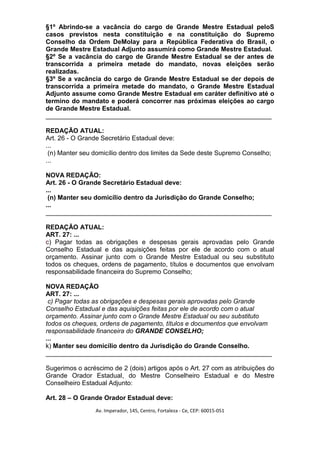 §1º Abrindo-se a vacância do cargo de Grande Mestre Estadual peloS
casos previstos nesta constituição e na constituição do Supremo
Conselho da Ordem DeMolay para a República Federativa do Brasil, o
Grande Mestre Estadual Adjunto assumirá como Grande Mestre Estadual.
§2º Se a vacância do cargo de Grande Mestre Estadual se der antes de
transcorrida a primeira metade do mandato, novas eleições serão
realizadas.
§3º Se a vacância do cargo de Grande Mestre Estadual se der depois de
transcorrida a primeira metade do mandato, o Grande Mestre Estadual
Adjunto assume como Grande Mestre Estadual em caráter definitivo até o
termino do mandato e poderá concorrer nas próximas eleições ao cargo
de Grande Mestre Estadual.
_______________________________________________________________

REDAÇÃO ATUAL:
Art. 26 - O Grande Secretário Estadual deve:
...
 (n) Manter seu domicílio dentro dos limites da Sede deste Supremo Conselho;
...

NOVA REDAÇÃO:
Art. 26 - O Grande Secretário Estadual deve:
...
 (n) Manter seu domicílio dentro da Jurisdição do Grande Conselho;
...
_______________________________________________________________

REDAÇÃO ATUAL:
ART. 27: ...
c) Pagar todas as obrigações e despesas gerais aprovadas pelo Grande
Conselho Estadual e das aquisições feitas por ele de acordo com o atual
orçamento. Assinar junto com o Grande Mestre Estadual ou seu substituto
todos os cheques, ordens de pagamento, títulos e documentos que envolvam
responsabilidade financeira do Supremo Conselho;

NOVA REDAÇÃO
ART. 27: ...
 c) Pagar todas as obrigações e despesas gerais aprovadas pelo Grande
Conselho Estadual e das aquisições feitas por ele de acordo com o atual
orçamento. Assinar junto com o Grande Mestre Estadual ou seu substituto
todos os cheques, ordens de pagamento, títulos e documentos que envolvam
responsabilidade financeira do GRANDE CONSELHO;
...
k) Manter seu domicílio dentro da Jurisdição do Grande Conselho.
_______________________________________________________________

Sugerimos o acréscimo de 2 (dois) artigos após o Art. 27 com as atribuições do
Grande Orador Estadual, do Mestre Conselheiro Estadual e do Mestre
Conselheiro Estadual Adjunto:

Art. 28 – O Grande Orador Estadual deve:
                 Av. Imperador, 145, Centro, Fortaleza - Ce, CEP: 60015-051
 