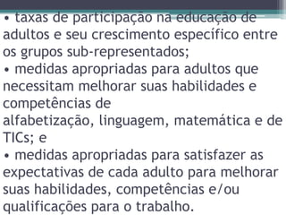 • taxas de participação na educação de adultos e seu crescimento específico entre os grupos sub-representados;• medidas apropriadas para adultos que necessitam melhorar suas habilidades e competências de alfabetização, linguagem, matemática e de TICs; e• medidas apropriadas para satisfazer as expectativas de cada adulto para melhorar suas habilidades, competências e/ou qualificações para o trabalho.