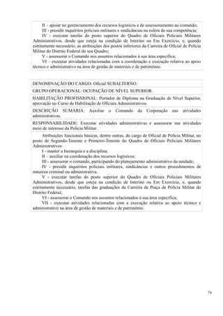 II – apoiar no gerenciamento dos recursos logísticos e de assessoramento ao comando;
III - presidir inquéritos policiais militares e sindicâncias na esfera de sua competência;
IV - executar tarefas do posto superior do Quadro de Oficiais Policiais Militares
Administrativos, desde que esteja na condição de Interino ou Em Exercício, e, quando
estritamente necessário, as atribuições dos postos inferiores da Carreira de Oficial de Polícia
Militar do Distrito Federal do seu Quadro;
V - assessorar o Comando nos assuntos relacionados à sua área específica;
VI – executar atividades relacionadas com a coordenação e execução relativa ao apoio
técnico e administrativo na área de gestão de materiais e de patrimônio.
DENOMINAÇÃO DO CARGO: Oficial SUBALTERNO.
GRUPO OPERACIONAL: OCUPAÇÃO DE NÍVEL SUPERIOR.
HABILITAÇÃO PROFISSIONAL: Portador de Diploma na Graduação de Nível Superior,
aprovação no Curso de Habilitação de Oficiais Administrativos.
DESCRIÇÃO SUMÁRIA: Auxiliar o Comando da Corporação nas atividades
administrativas.
RESPONSABILIDADE: Executar atividades administrativas e assessorar nas atividades
meio de interesse da Polícia Militar.
Atribuições funcionais básicas, dentre outras, do cargo de Oficial de Polícia Militar, no
posto de Segundo-Tenente e Primeiro-Tenente do Quadro de Oficiais Policiais Militares
Administrativos:
I - manter a hierarquia e a disciplina;
II – auxiliar na coordenação dos recursos logísticos;
III - assessorar o comando, participando do planejamento administrativo da unidade;
IV - presidir inquéritos policiais militares, sindicâncias e outros procedimentos de
natureza criminal ou administrativa.
V - executar tarefas do posto superior do Quadro de Oficiais Policiais Militares
Administrativos, desde que esteja na condição de Interino ou Em Exercício, e, quando
estritamente necessário, tarefas das graduações da Carreira de Praça de Polícia Militar do
Distrito Federal;
VI - assessorar o Comando nos assuntos relacionados à sua área específica;
VII - executar atividades relacionadas com a execução relativa ao apoio técnico e
administrativo na área de gestão de materiais e de patrimônio.
74
 