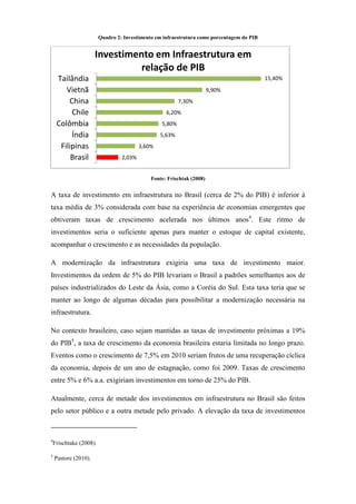Quadro 2: Investimento em infraestrutura como porcentagem do PIB
Fonte: Frischtak (2008)
A taxa de investimento em infraestrutura no Brasil (cerca de 2% do PIB) é inferior à
taxa média de 3% considerada com base na experiência de economias emergentes que
obtiveram taxas de crescimento acelerada nos últimos anos4
. Este ritmo de
investimentos seria o suficiente apenas para manter o estoque de capital existente,
acompanhar o crescimento e as necessidades da população.
A modernização da infraestrutura exigiria uma taxa de investimento maior.
Investimentos da ordem de 5% do PIB levariam o Brasil a padrões semelhantes aos de
países industrializados do Leste da Ásia, como a Coréia do Sul. Esta taxa teria que se
manter ao longo de algumas décadas para possibilitar a modernização necessária na
infraestrutura.
No contexto brasileiro, caso sejam mantidas as taxas de investimento próximas a 19%
do PIB5
, a taxa de crescimento da economia brasileira estaria limitada no longo prazo.
Eventos como o crescimento de 7,5% em 2010 seriam frutos de uma recuperação cíclica
da economia, depois de um ano de estagnação, como foi 2009. Taxas de crescimento
entre 5% e 6% a.a. exigiriam investimentos em torno de 25% do PIB.
Atualmente, cerca de metade dos investimentos em infraestrutura no Brasil são feitos
pelo setor público e a outra metade pelo privado. A elevação da taxa de investimentos
4
Frischtake (2008).
5
Pastore (2010).
2,03%
3,60%
5,63%
5,80%
6,20%
7,30%
9,90%
15,40%
Brasil
Filipinas
Índia
Colômbia
Chile
China
Vietnã
Tailândia
Investimento em Infraestrutura em
relação de PIB
 