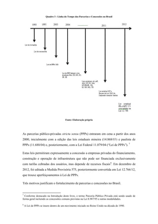 Quadro 3 - Linha do Tempo das Parcerias e Concessões no Brasil
Fonte: Elaboração própria
As parcerias público-privadas strictu sensu (PPPs) entraram em cena a partir dos anos
2000, inicialmente com a edição das leis estaduais mineira (14.868/03) e paulista de
PPPs (11.688/04) e, posteriormente, com a Lei Federal 11.079/04 (“Lei de PPPs”). 7
Estas leis permitiram expressamente a concessão a empresas privadas do financiamento,
construção e operação de infraestrutura que não pode ser financiada exclusivamente
com tarifas cobradas dos usuários, mas depende de recursos fiscais8
. Em dezembro de
2012, foi editada a Medida Provisória 575, posteriormente convertida em Lei 12.766/12,
que trouxe aperfeiçoamentos à Lei de PPPs.
Três motivos justificam o fortalecimento de parcerias e concessões no Brasil.
7
Conforme destacado na Introdução deste livro, o termo Parceria Público Privada está sendo usado de
forma geral incluindo as concessões comuns previstas na Lei 8.987/95 e outras modalidades.
8
A Lei de PPPs se insere dentro de um movimento iniciado no Reino Unido na década de 1990.
 