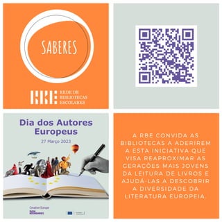 A RBE CONVIDA AS
BIBLIOTECAS A ADERIREM
A ESTA INICIATIVA QUE
VISA REAPROXIMAR AS
GERAÇÕES MAIS JOVENS
DA LEITURA DE LIVROS E
AJUDÁ-LAS A DESCOBRIR
A DIVERSIDADE DA
LITERATURA EUROPEIA.
 