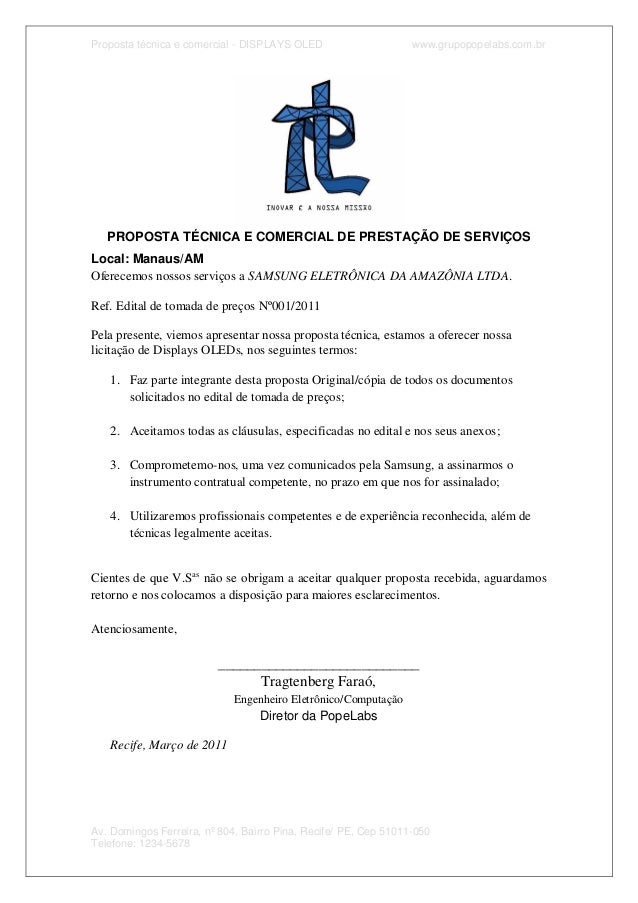 Proposta técnica e comercial para prestação de serviços 