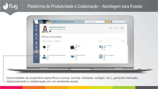 Plataforma de Produtividade e Colaboração – Abordagem para Evasão
Comunidades de propósitos específicos (cursos, turmas, bolsistas, estágio, etc.), gerando interação,
relacionamento e colaboração em um ambiente social.
 