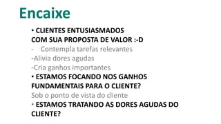 Encaixe
• CLIENTES ENTUSIASMADOS
COM SUA PROPOSTA DE VALOR :-D
- Contempla tarefas relevantes
-Alivia dores agudas
-Cria ganhos importantes
• ESTAMOS FOCANDO NOS GANHOS
FUNDAMENTAIS PARA O CLIENTE?
Sob o ponto de vista do cliente
• ESTAMOS TRATANDO AS DORES AGUDAS DO
CLIENTE?
 