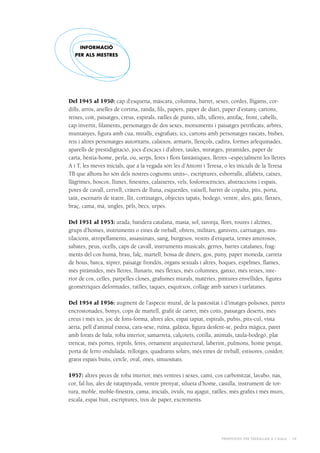 Propostes per treballar a l’aula - 10
Del 1945 al 1950: cap d’esquena, màscara, columna, barret, sexes, cordes, lligams, cor-
dills, arròs, anelles de cortina, randa, fils, papers, paper de diari, paper d’estany, cartons,
reixes, coit, paisatges, creus, espirals, ratlles de punts, ulls, ulleres, antifaç, front, cabells,
cap invertit, filaments, personatges de dos sexes, monuments i paisatges petrificats, arbres,
muntanyes, figura amb cua, miralls, esgrafiats, ics, cartons amb personatges rascats, bisbes,
reis i altres personatges autoritaris, calaixos, armaris, llençols, cadira, formes arlequinades,
aparells de prestidigitació, jocs d’escacs i d’altres, taules, miratges, piramides, paper de
carta, bèstia-home, perla, ou, serps, feres i flors fantàstiques, lletres –especialment les lletres
A i T, les meves inicials, que a la vegada són les d’Antoni i Teresa, o les inicials de la Teresa
TB que alhora ho són dels nostres cognoms units–, escriptures, esborralls, alfabets, caixes,
llàgrimes, boscos, llunes, finestres, calaixeres, vels, fosforescències, abstraccions i espais,
potes de cavall, cervell, cràters de lluna, esquerdes, vaixell, barret de copalta, pits, porta,
taüt, escenaris de teatre, llit, cortinatges, objectes tapats, bodegó, ventre, ales, gats, fletxes,
braç, cama, mà, ungles, pèls, becs, urpes.
Del 1951 al 1953: arada, bandera catalana, masia, sol, taronja, flors, roures i alzines,
grups d’homes, instruments o eines de treball, obrers, militars, ganivets, carruatges, mu-
tilacions, atropellaments, assassinats, sang, burgesos, vestits d’etiqueta, temes amorosos,
sabates, peus, ocells, caps de cavall, instruments musicals, gerres, barres catalanes, frag-
ments del cos humà, brau, falç, martell, bossa de diners, gos, puny, paper moneda, carreta
de bous, barca, xiprer, paisatge frondós, òrgans sexuals i altres, boques, espelmes, flames,
més piràmides, més lletres, llunaris, més fletxes, més columnes, ganxo, més reixes, inte-
rior de cos, celles, parpelles closes, grafismes murals, matèries, pintures envellides, figures
geomètriques deformades, ratlles, taques, esquitxos, collage amb xarxes i tarlatanes.
Del 1954 al 1956: augment de l’aspecte mural, de la pastositat i d’imatges polsoses, parets
encrostonades, bonys, cops de martell, grafit de carrer, més coits, paisatges deserts, més
creus i més ics, joc de fons-forma, altres ales, espai tapiat, espirals, pubis, pits-cul, vista
aèria, pell d’animal extesa, cara-sexe, ruïna, galàxia, figura desfent-se, pedra màgica, paret
amb forats de bala, roba interior, samarreta, calçotets, cotilla, animals, taula-bodegó, plat
trencat, més portes, rèptils, feres, ornament arquitectural, laberint, pulmons, home penjat,
porta de ferro ondulada, rellotges, quadrants solars, més eines de treball, estisores, cosidor,
grans espais buits, cercle, oval, ones, sinuositats.
1957: altres peces de roba interior, més ventres i sexes, camí, cos carbonitzat, lavabo, nas,
cor, fal·lus, ales de ratapinyada, ventre prenyat, silueta d’home, casulla, instrument de tor-
tura, moble, moble-finestra, cama, inicials, òvuls, nu ajagut, ratlles, més grafits i més murs,
escala, espai buit, escriptures, tros de paper, excrements.
INFORMACIÓ
PER ALS MESTRES
 