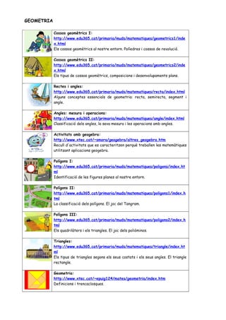 GEOMETRIA
Cossos geomètrics I:
http://www.edu365.cat/primaria/muds/matematiques/geometrics1/inde
x.html
Els cossos geomètrics al nostre entorn. Políedres i cossos de revolució.
Cossos geomètrics II:
http://www.edu365.cat/primaria/muds/matematiques/geometrics2/inde
x.html
Els tipus de cossos geomètrics, composicions i desenvolupaments plans.
Rectes i angles:
http://www.edu365.cat/primaria/muds/matematiques/recta/index.html
Alguns conceptes essencials de geometria: recta, semirecta, segment i
angle.
Angles: mesura i operacions:
http://www.edu365.cat/primaria/muds/matematiques/angle/index.html
Classificació dels angles, la seva mesura i les operacions amb angles.
Activitats amb geogebra:
http://www.xtec.cat/~smora/geogebra/altres_geogebra.htm
Recull d'activitats que es caracteritzen perquè treballen les matemàtiques
utilitzant aplicacions geogebra.
Polígons I:
http://www.edu365.cat/primaria/muds/matematiques/poligons/index.ht
ml
Identificació de les figures planes al nostre entorn.
Polígons II:
http://www.edu365.cat/primaria/muds/matematiques/poligons1/index.h
tml
La classificació dels polígons. El joc del Tangram.
Polígons III:
http://www.edu365.cat/primaria/muds/matematiques/poligons2/index.h
tml
Els quadrilàters i els triangles. El joc dels poliòminos.
Triangles:
http://www.edu365.cat/primaria/muds/matematiques/triangle/index.ht
ml
Els tipus de triangles segons els seus costats i els seus angles. El triangle
rectangle.
Geometria:
http://www.xtec.cat/~epuig124/mates/geometria/index.htm
Definicions i trencaclosques.
 