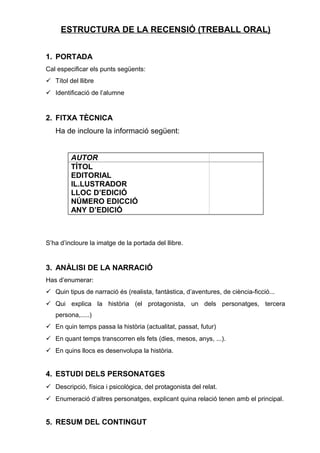 ESTRUCTURA DE LA RECENSIÓ (TREBALL ORAL)
1. PORTADA
Cal especificar els punts següents:
 Títol del llibre
 Identificació de l’alumne
2. FITXA TÈCNICA
Ha de incloure la informació següent:
AUTOR
TÍTOL
EDITORIAL
IL.LUSTRADOR
LLOC D’EDICIÓ
NÚMERO EDICCIÓ
ANY D’EDICIÓ
S’ha d’incloure la imatge de la portada del llibre.
3. ANÀLISI DE LA NARRACIÓ
Has d’enumerar:
 Quin tipus de narració és (realista, fantàstica, d’aventures, de ciència-ficció...
 Qui explica la història (el protagonista, un dels personatges, tercera
persona,.....)
 En quin temps passa la història (actualitat, passat, futur)
 En quant temps transcorren els fets (dies, mesos, anys, ...).
 En quins llocs es desenvolupa la història.
4. ESTUDI DELS PERSONATGES
 Descripció, física i psicològica, del protagonista del relat.
 Enumeració d’altres personatges, explicant quina relació tenen amb el principal.
5. RESUM DEL CONTINGUT
 
