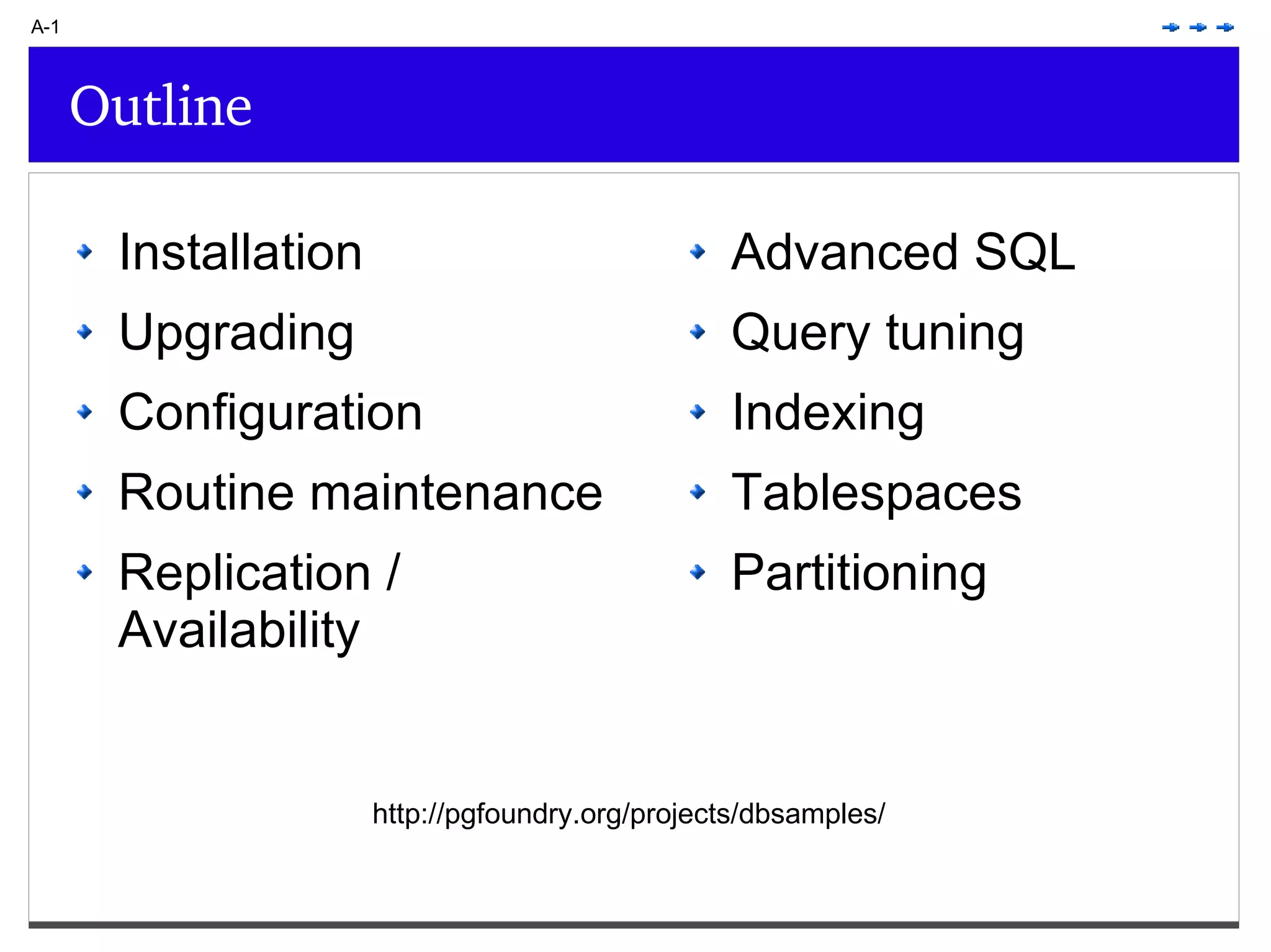 Outline A-1 Installation Upgrading Configuration Routine maintenance Replication / Availability Advanced SQL Query tuning Indexing Tablespaces Partitioning http://pgfoundry.org/projects/dbsamples/ 