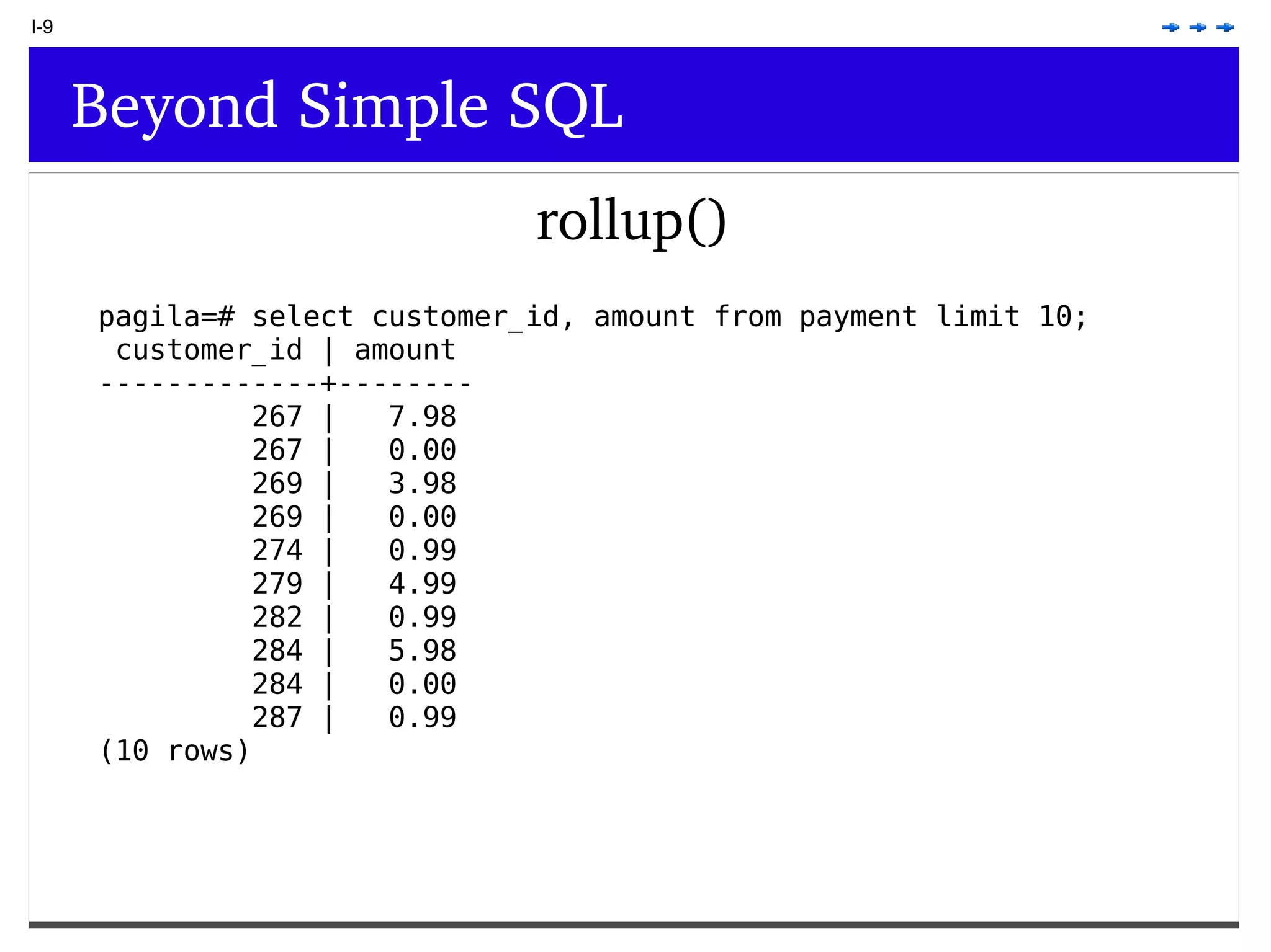 I-9 Beyond Simple SQL rollup() pagila=# select customer_id, amount from payment limit 10; customer_id | amount -------------+-------- 267 | 7.98 267 | 0.00 269 | 3.98 269 | 0.00 274 | 0.99 279 | 4.99 282 | 0.99 284 | 5.98 284 | 0.00 287 | 0.99 (10 rows) 