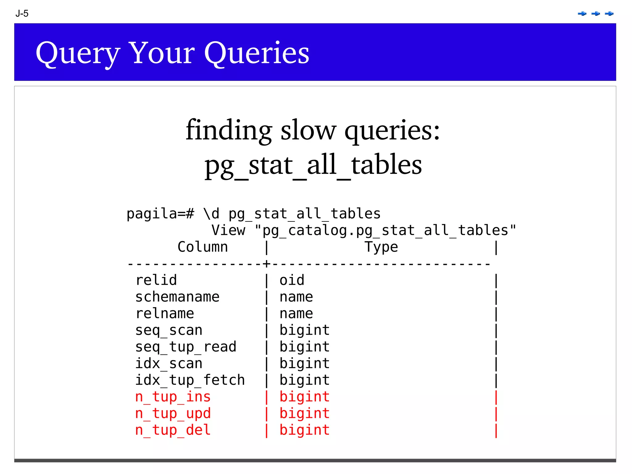 J-5 Query Your Queries finding slow queries: pg_stat_all_tables pagila=# \d pg_stat_all_tables View &quot;pg_catalog.pg_stat_all_tables&quot; Column | Type | ----------------+-------------------------- relid | oid | schemaname | name | relname | name | seq_scan | bigint | seq_tup_read | bigint | idx_scan | bigint | idx_tup_fetch | bigint | n_tup_ins | bigint | n_tup_upd | bigint | n_tup_del | bigint | 