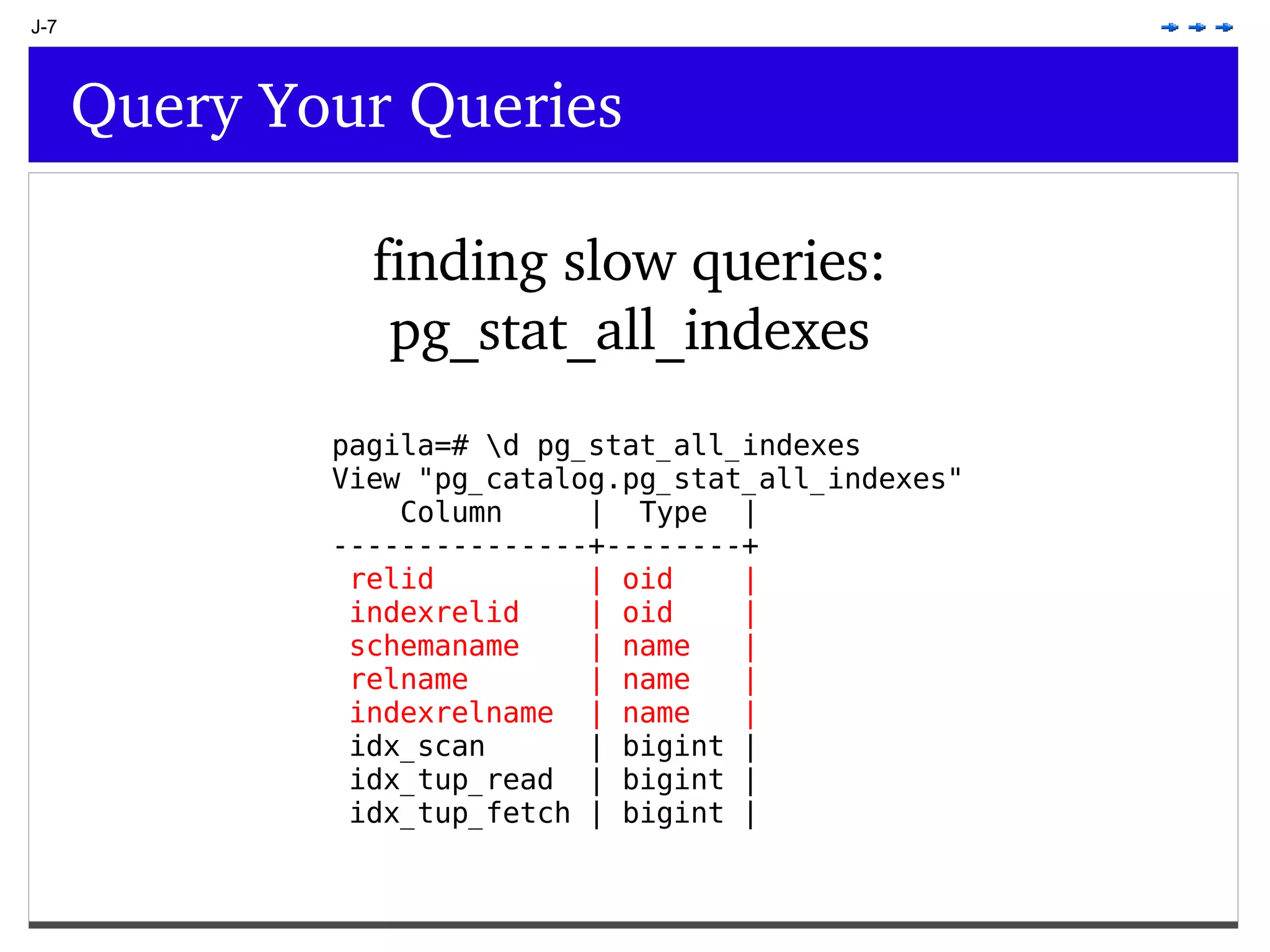 J-7 Query Your Queries finding slow queries: pg_stat_all_indexes pagila=# \d pg_stat_all_indexes View &quot;pg_catalog.pg_stat_all_indexes&quot; Column | Type | ---------------+--------+ relid | oid | indexrelid | oid | schemaname | name | relname | name | indexrelname | name | idx_scan | bigint | idx_tup_read | bigint | idx_tup_fetch | bigint | 