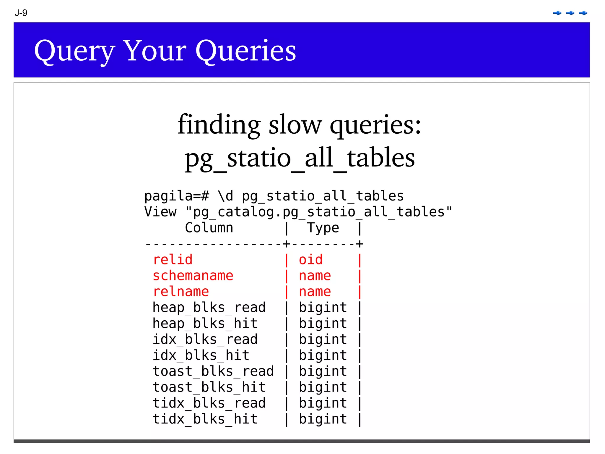 J-9 Query Your Queries finding slow queries: pg_statio_all_tables pagila=# \d pg_statio_all_tables View &quot;pg_catalog.pg_statio_all_tables&quot; Column | Type | -----------------+--------+ relid | oid | schemaname | name | relname | name | heap_blks_read | bigint | heap_blks_hit | bigint | idx_blks_read | bigint | idx_blks_hit | bigint | toast_blks_read | bigint | toast_blks_hit | bigint | tidx_blks_read | bigint | tidx_blks_hit | bigint | 