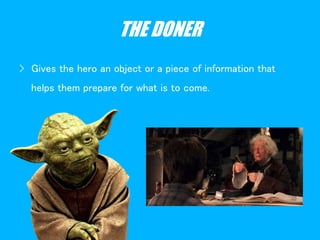 THE DONER
› Gives the hero an object or a piece of information that
helps them prepare for what is to come.
 