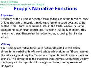 Propp’s Narrative Functions
Trailer 2: Hollyoaks
https://www.youtube.com/watch?v=FC2DSqZZ
qzk
Exposure:
Exposure of the Villain is denoted through the use of the technical code
of long shot which reveals the Male character in court awaiting to be
trialed. This is further expressed later in the trailer where the same
character is wearing an orange bib, revealing that he is in prison. This
reveals to the audience that he is dangerous, exposing that he is a
villain.
Villainy:
The villainous narrative function is further depicted in this trailer
through the verbal code of sound bridge which denotes “If you love me
the why are you doing this!” over an array of different camera shots and
scene’s. This connotes to the audience that themes surrounding villainy
and injury will be reproduced throughout the upcoming season of
Hollyoaks.
 