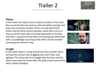 Trailer 2https://www.youtube.com/watch?v=-HXXOS-qySE
Villainy
In the trailer the Villain harms a family member of the Hero,
this causes the Hero to want to seek immediate revenge and
help save his family member. There is a mid shot of the
Villain and the Hero’s family member, which then cuts to a
close up of the Hero with a worried expression on his face
and then a long shot of the Hero running towards them both
with a soundbridge occurring of the Hero’s family member
screaming his name for help.
Struggle
In the trailer there is a long shot of the Hero and the Villain
coming into contact and struggling with each other and
fighting. This shows the first struggle that the Hero and the
Villain have had and comes after the Villain harms one of the
Hero’s family members.
 