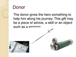 Donor
The donor gives the hero something to
help him along his journey. This gift may
be a piece of advice, a skill or an object
such as a weapon.

 