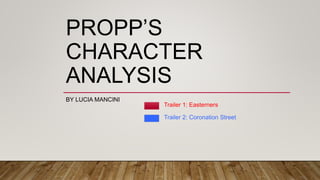 PROPP’S
CHARACTER
ANALYSIS
BY LUCIA MANCINI
Trailer 1: Easterners
Trailer 2: Coronation Street
 