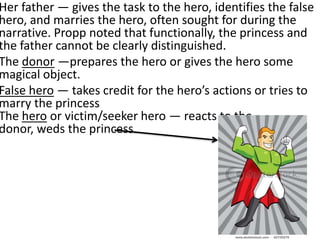 Her father — gives the task to the hero, identifies the false
hero, and marries the hero, often sought for during the
narrative. Propp noted that functionally, the princess and
the father cannot be clearly distinguished.
The donor —prepares the hero or gives the hero some
magical object.
False hero — takes credit for the hero’s actions or tries to
marry the princess
The hero or victim/seeker hero — reacts to the
donor, weds the princess.
 