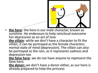 • the hero: the hero is our male character, known as
  sunshine. He endevours to help raincloud overcome
  her depression as an act of love
  the villain: while we don’t have a character to fit the
  villain, it can be portrayed as the female characters
  mental state of mind (depression). The villain can also
  be portrayed as the rain, as it represents sadness and
  depression too
  the false hero: we do not have anyone to represent the
  false hero
  the donor: we don’t have a donor either, as our hero is
  already prepared to help the princess
 