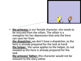 • the princess: is our female character. she needs to
  be rescued from the villain. The villain is a
  metaphor for her depression that only the hero
  can save her from
  the dispatcher: we don’t have a dispatcher, as the
  hero is already prepared for the task at hand
  the helper: the same applies to the helper, its not
  needed as the hero is already prepared for the
  task
  the princess’ father: this character would not be
  relevant to the story either
 
