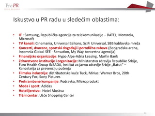 Iskustvo u PR radu u slededim oblastima:

•   IT : Samsung, Republička agencija za telekomunikacije – RATEL, Motorola,
    Microsoft
•   TV kanali: Cinemania, Universal Balkans, SciFi Universal, SBB kablovska mreža
•   Koncerti, dvorane, sportski događaji i porodična zabava (Beogradska arena,
    Insomnia Global SEE - Sensation, My Way koncertna agencija)
•   Finansijske organizacije: Hypo-Alpe-Adria Leasing, Marfin Bank
•   Zdravstvene institucije i organizacije: Ministarstvo zdravlja Republike Srbije,
    Euro Health Group INSADA, Institut za javno zdravlje Srbije „Batut“ –
    Kancelarija za prevenciju pušenja
•   Filmska industrija: distributerske kude Tuck, Mirius: Warner Bros, 20th
    Century Fox, Sony Pictures
•   Prehrambene kompanije: Podravka, Mlekoprodukt
•   Moda i sport: Adidas
•   Hotelijerstvo: Hotel Moskva
•   Tržni centar: Ušde Shopping Center



                                                                                      6
 