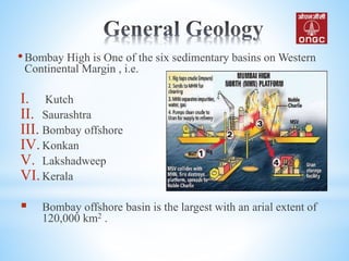 •Bombay High is One of the six sedimentary basins on Western
Continental Margin , i.e.
I. Kutch
II. Saurashtra
III. Bombay offshore
IV.Konkan
V. Lakshadweep
VI.Kerala
 Bombay offshore basin is the largest with an arial extent of
120,000 km2 .
 
