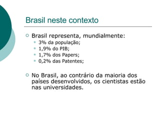 Brasil neste contexto Brasil representa, mundialmente: 3% da população; 1,9% do PIB; 1,7% dos Papers; 0,2% das Patentes; No Brasil, ao contrário da maioria dos países desenvolvidos, os cientistas estão nas universidades. 