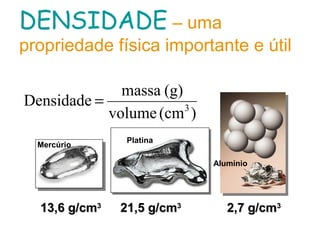 DENSIDADE – uma
propriedade física importante e útil
Mercúrio
13,6 g/cm13,6 g/cm33
21,5 g/cm21,5 g/cm33
Alumínio
2,7 g/cm2,7 g/cm33
Platina
)(cmvolume
(g)massa
Densidade 3
=
 