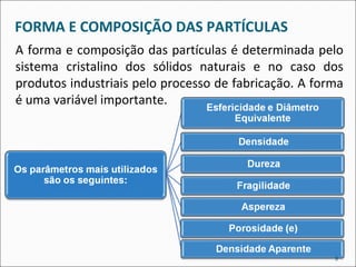 FORMA E COMPOSIÇÃO DAS PARTÍCULAS
A forma e composição das partículas é determinada pelo
sistema cristalino dos sólidos naturais e no caso dos
produtos industriais pelo processo de fabricação. A forma
é uma variável importante.
9
 