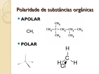 Polaridade de substâncias orgânicasPolaridade de substâncias orgânicas
APOLARAPOLAR
CH4
POLARPOLAR
 