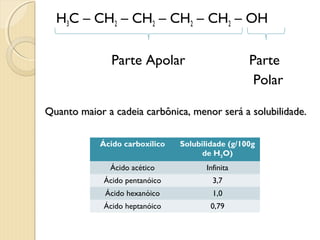 H3C – CH2 – CH2 – CH2 – CH2 – OH
Parte Apolar Parte
Polar
Quanto maior a cadeia carbônica, menor será a solubilidade.Quanto maior a cadeia carbônica, menor será a solubilidade.
Ácido carboxílico Solubilidade (g/100g
de H2O)
Ácido acético Infinita
Ácido pentanóico 3,7
Ácido hexanóico 1,0
Ácido heptanóico 0,79
 