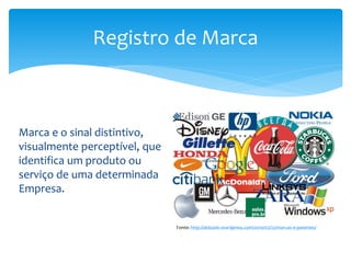 Marca e o sinal distintivo,
visualmente perceptível, que
identifica um produto ou
serviço de uma determinada
Empresa.
Registro de Marca
Fonte: http://aldoadv.wordpress.com/2010/02/22/marcas-e-patentes/
 