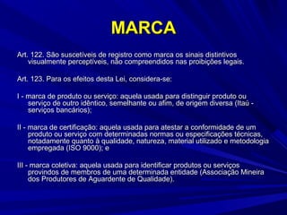 MARCA
Art. 122. São suscetíveis de registro como marca os sinais distintivos
visualmente perceptíveis, não compreendidos nas proibições legais.
Art. 123. Para os efeitos desta Lei, considera-se:
I - marca de produto ou serviço: aquela usada para distinguir produto ou
serviço de outro idêntico, semelhante ou afim, de origem diversa (Itaú serviços bancários);
II - marca de certificação: aquela usada para atestar a conformidade de um
produto ou serviço com determinadas normas ou especificações técnicas,
notadamente quanto à qualidade, natureza, material utilizado e metodologia
empregada (ISO 9000); e
III - marca coletiva: aquela usada para identificar produtos ou serviços
provindos de membros de uma determinada entidade (Associação Mineira
dos Produtores de Aguardente de Qualidade).

 