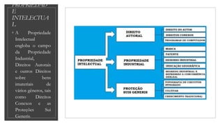 PROPRIEDAD
E
INTELECTUA
L
◦ A Propriedade
Intelectual
engloba o campo
da Propriedade
Industrial,
Direitos Autorais
e outros Direitos
sobre bens
imateriais de
vários gêneros, tais
como Direitos
Conexos e as
Proteções Sui
Generis
 