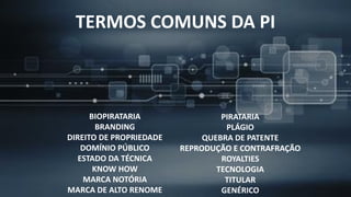 BIOPIRATARIA
BRANDING
DIREITO DE PROPRIEDADE
DOMÍNIO PÚBLICO
ESTADO DA TÉCNICA
KNOW HOW
MARCA NOTÓRIA
MARCA DE ALTO RENOME
PIRATARIA
PLÁGIO
QUEBRA DE PATENTE
REPRODUÇÃO E CONTRAFRAÇÃO
ROYALTIES
TECNOLOGIA
TITULAR
GENÉRICO
TERMOS COMUNS DA PI
 