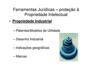 Ferramentas Jurídicas – proteção à
       Propriedade Intelectual
• Propriedade Industrial

  – Patentes/Modelos de Utilidade

  – Desenho Industrial

  – Indicações geográficas

  – Marcas
 