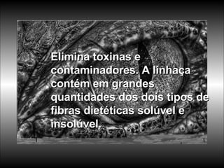 Elimina toxinas e contaminadores. A linhaça contém em grandes quantidades dos dois tipos de fibras dietéticas solúvel e insolúvel.  
