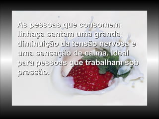 As pessoas que consomem linhaça sentem uma grande diminuição da tensão nervosa e uma sensação de calma. Ideal para pessoas que trabalham sob pressão.  