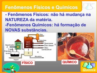 Prof. Busato
Química
Fenômenos Físicos e Químicos
- Fenômenos Físicos: não há mudança na
NATUREZA da matéria.
-Fenômenos Químicos: há formação de
NOVAS substâncias.
FÍSICO QUÍMICO
 