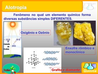 Prof. Busato
Química
Fenômeno no qual um elemento químico forma
diversas substâncias simples DIFERENTES.
Alotropia
Oxigênio e Ozônio
Enxofre rômbico e
monoclínico
Grafita e diamante
 