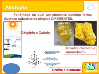 Prof. Busato
Química
Fenômeno no qual um elemento químico forma
diversas substâncias simples DIFERENTES.
Alotropia
Oxigênio e Ozônio
Enxofre rômbico e
monoclínico
Grafita e diamante
 