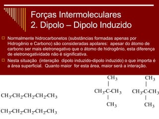 Forças Intermoleculares 2. Dipolo – Dipolo Induzido Normalmente hidrocarbonetos (substâncias formadas apenas por Hidrogênio e Carbono) são consideradas apolares:  apesar do átomo de carbono ser mais eletronegativo que o átomo de hidrogênio, esta diferença de eletronegatividade não é significativa. Nesta situação  (interação  dipolo induzido-dipolo induzido) o que importa é a área superficial.  Quanto maior  for esta área, maior será a interação. 
