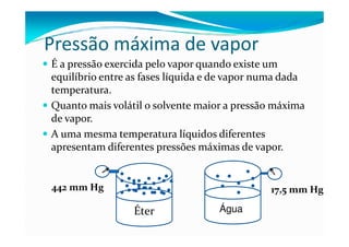 Pressão máxima de vapor
É a pressão exercida pelo vapor quando existe um
equilíbrio entre as fases líquida e de vapor numa dada
temperatura.
Quanto mais volátil o solvente maior a pressão máxima
de vapor.
A uma mesma temperatura líquidos diferentes
apresentam diferentes pressões máximas de vapor.


442 mm Hg                                     17,5 mm Hg

                 Éter              Águar
 