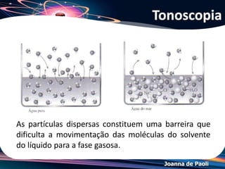 Joanna de Paoli
(UFRS) Considerando as três soluções do desenho, pode-se
prever que a relação entre as pressões de vapor das mesmas é:
Exercício 02
Observação: Considere a diferença existente entre
soluções molares e iônicas!
 