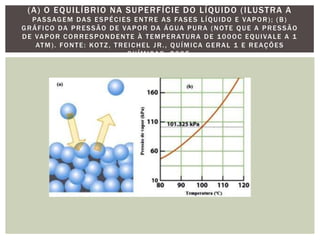 (A) O EQUILÍBRIO NA SUPERFÍCIE DO LÍQUIDO (ILUSTRA A
PASSAGEM DAS ESPÉCIES ENTRE AS FASES LÍQUIDO E VAPOR); (B)
GRÁFICO DA PRESSÃO DE VAPOR DA ÁGUA PURA (NOTE QUE A PRESSÃO
DE VAPOR CORRESPONDENTE À TEMPERATURA DE 100OC EQUIVALE A 1
ATM). FONTE: KOTZ, TREICHEL JR., QUÍMICA GERAL 1 E REAÇÕES
QUÍMICAS, 2005.
 