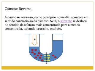 Osmose Reversa
A osmose reversa, como o próprio nome diz, acontece em
sentido contrário ao da osmose. Nela, o solvente se desloca
no sentido da solução mais concentrada para a menos
concentrada, isolando-se assim, o soluto.
 
