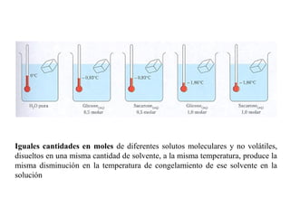 Iguales cantidades en moles de diferentes solutos moleculares y no volátiles,
disueltos en una misma cantidad de solvente, a la misma temperatura, produce la
misma disminución en la temperatura de congelamiento de ese solvente en la
solución
 