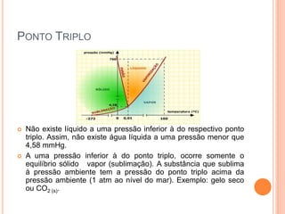 PONTO TRIPLO
 Não existe líquido a uma pressão inferior à do respectivo ponto
triplo. Assim, não existe água líquida a uma pressão menor que
4,58 mmHg.
 A uma pressão inferior à do ponto triplo, ocorre somente o
equilíbrio sólido vapor (sublimação). A substância que sublima
à pressão ambiente tem a pressão do ponto triplo acima da
pressão ambiente (1 atm ao nível do mar). Exemplo: gelo seco
ou CO2 (s).
 